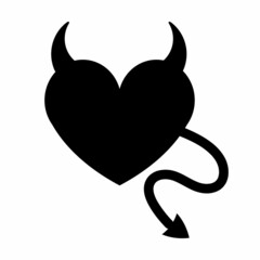 Canvas Print - Vector flat heart with devil horns and tail silhouette isolated on white background