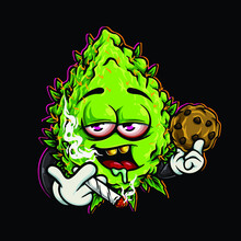 Nug Cookies Character Cartoon Mascot Smoking Blunt And Holding Weed Flower Bud Cannabis