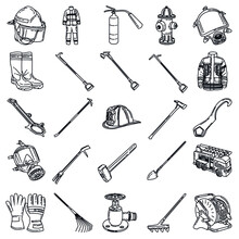 Firefighter Accessories And Equipment Device Hand Drawn Icon Set Vector.