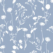 Monochrome floral vector pattern with silhouettes of white flowers. Gray background.