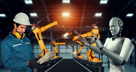 Wall Mural - Mechanized industry robot and human worker working together in future factory . Concept of artificial intelligence for industrial revolution and automation manufacturing process .