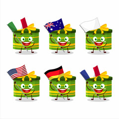 Poster - Green round gift cartoon character bring the flags of various countries