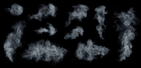 Wall Mural - Fog or smoke, steam, vapor set isolated on black background. White cloudiness, mist or smog background.