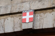 Savoie logo text sign flag france region with white red savoyard coat of arms on wall building