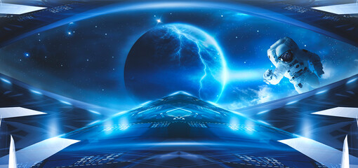 Wall Mural - space background, abstract futuristic fantasy space. blue neon light, galaxy. abstract fantastic spa
