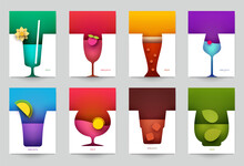 Set Of Abstract Silhouette Cocktails With Alcohol Or Juice In Minimalistic Geometric Flat Style. Creative Colorful Composition. Concept For Branding Menu, Cover, Flyer, Banner. Vector Illustration.