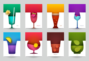 Wall Mural - Set of abstract silhouette cocktails with alcohol or juice in minimalistic geometric flat style. Creative colorful composition. Concept for branding menu, cover, flyer, banner. Vector illustration.