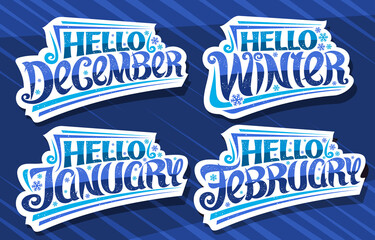 Wall Mural - Vector set for Winter, white logos with curly calligraphic font, illustration of falling snow flakes and decorative stripes, collection of cut out labels with unique brush lettering on blue background