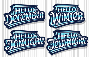 Wall Mural - Vector set for Winter, logos with curly calligraphic font, illustration of falling snow flakes and decorative stripes, collection of cut out badges with unique brush lettering on striped background.