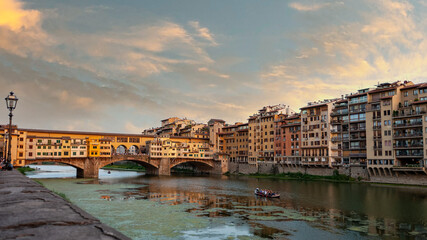 Poster - Ponte Vecchio view from Lungarni with Arno river, Spring Sunset in Florence