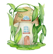 Mushroom House, For Forest Animals On A Background Of Green Leaves. Watercolor Illustration, On An Isolated Background.