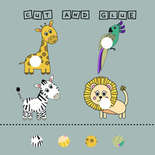 Worksheet Vector Design, The Task Is To Cut And Glue A Piece On Colorful  Lion, Giraffe, Zebra, Parrot .  Logic Game For Children.