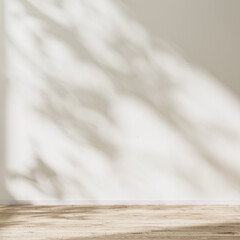 Wall Mural - empty room mock up with wooden floor and empty white wall with sunlight and leaves shadow, 3d render