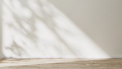 Wall Mural - empty room mock up with wooden floor and empty white wall with sunlight and leaves shadow, 3d render