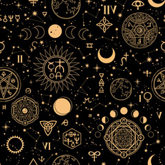 Wall Mural - seamless esoteric pattern with different alchemical elements