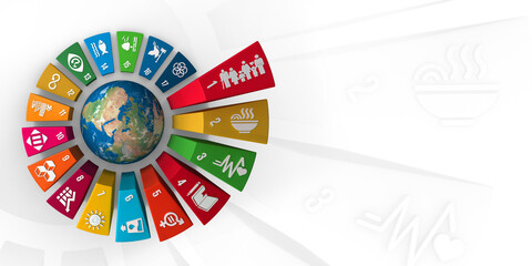Wall Mural - 3D rendering Sustainable Development Wheel Illustration for Corporate social responsibility project. Concept design to achieve Sustainable Development for a better world. 3D Icons. 3D Illustration.