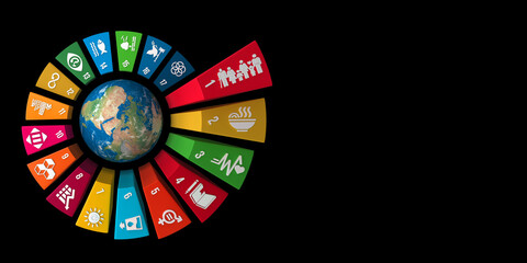 Wall Mural - Colorful Sustainable Development Wheel over the earth on black background for Corporate social responsibility project. Concept to achieve Sustainable Development for a better world. 3D illustration.