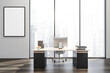 © ImageFlow - Canvas on white wall near panoramic office window and empty working place