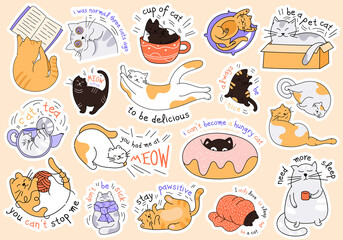 large collection of cat stickers with inspirational or humorous text showing assorted activities, fl