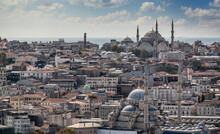 ISTANBUL, TURKEY - OCTOBER 12 ,2021: Istanbul City View On Mosque With Sultanahmet District Against Blue Sky And Clouds.