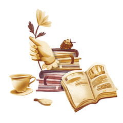 Still life with a book.
A composition of cozy objects, books, tea, a hand with a flower, great for postcards, gift decoration or product design.