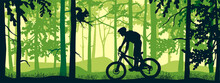 Horizontal Banner. Silhouette Of Mountain Bike Rider In Magical Misty Forest. Wild Nature Landscape. Owl On Branch. Green Illustration.