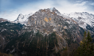 Canvas Print - Jungfrau mountain view of Schwarz Monch with Eiger and Monch Mountains on background - Murren, Switzerland