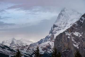 Canvas Print - Eiger Mountain peak in the Bernese Alps at sunset with clouds - Murren, Switzerland