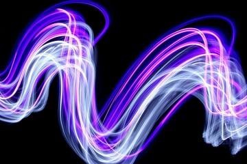 Wall Mural - Long exposure photograph of neon pink and purple colour in an abstract swirl, parallel lines pattern against a black background. Light painting photography.