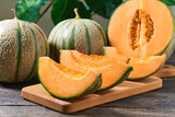 sliced cantaloupe melon on wood plate and old wooden background.