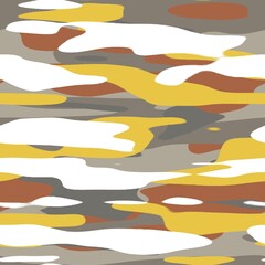 Seamless colorful happy camoflauge inspired surface pattern design for print. High quality illustration. Random military style abstract shape textile apparel fashion non-print for kids or adults.