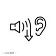 low noise level icon, reduction quiet, reduce volume, speaker and ear, less hear, thin line symbol on white background - editable stroke vector illustration