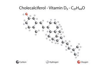 Molecular formula of cholecalciferol. Cholecalciferol, or vitamin D3, is found in animal foods.