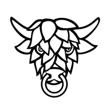 Mascot Illustration Of Head Of A Short Horned Bull With Beer Hop Face Viewed From Front On Isolated Background In Retro Black And White Style.
