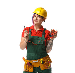 Sticker - Female electrician with multimeter on white background