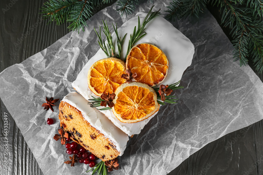 Tasty Christmas stollen on table