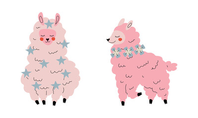 Sticker - Pretty Wooly Llama or Alpaca as Adorable Fairy Animal Vector Set