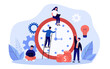 Business people controlling working hours. Tiny businessman standing on ladder near clock flat vector illustration. Productivity, time control concept for banner, website design or landing web page