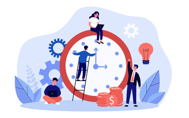 Wall Mural - business people controlling working hours. tiny businessman standing on ladder near clock flat vecto