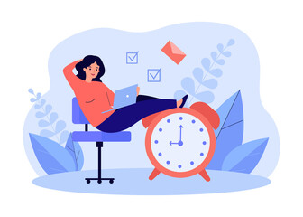 Wall Mural - businesswoman sitting on big clock, ready for deadline. tiny woman working with laptop flat vector i