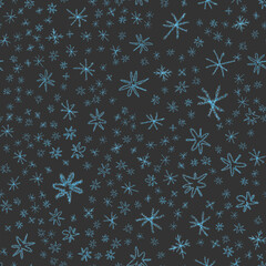 Hand Drawn Snowflakes Christmas Seamless Pattern. Subtle Flying Snow Flakes on chalk snowflakes Background. Adorable chalk handdrawn snow overlay. Cool holiday season decoration.