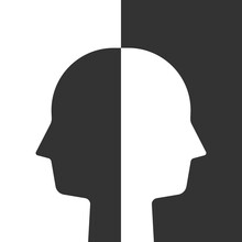 Head Of Halves On White And Black. Good And Evil Sides, Psychology, Bipolar Disorder, Emotion And Mind Concept. Flat Design. EPS 8 Vector Illustration, No Transparency, No Gradients