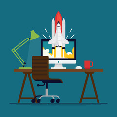Cool flat vector concept on startup or sole proprietorship fast growing business and success with workplace equipped with desktop computer, lamp and chair and shuttle spacecraft flying off the screen