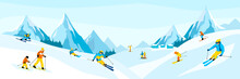 Winter Mountain Landscape With Many Different Skiers. Happy Man, Woman With Kids Ride Skies In Alps. Blue Sky, Tops Of Rocks On Background. Winter Sport Activities. Skiing Resort. Vector Illustration