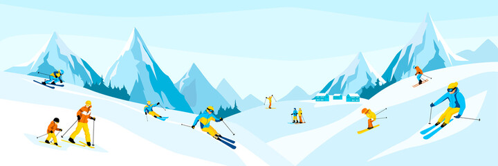 Winter mountain landscape with many different skiers. Happy man, woman with kids ride skies in Alps. Blue sky, tops of rocks on background. Winter sport activities. Skiing resort. Vector illustration