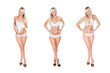 © Jochen Schönfeld - Three portraits of an attractive young woman with long blonde hair wearing white underwear and black high heels, isolated in front of white studio background