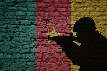 Wall Mural - Soldier silhouette on the old brick wall with flag of cameroon country.