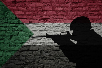 Wall Mural - Soldier silhouette on the old brick wall with flag of sudan country.