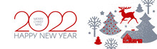 Happy New 2022 Year Christmas Flyer With Reindeer And Winter Landscape. Nordic Design