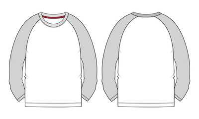 Two tone white grey color Long sleeve Raglan T shirt technical fashion flat sketch vector Illustration template front, back views isolated on white. Regular fit  Basic apparel Design Mock up.